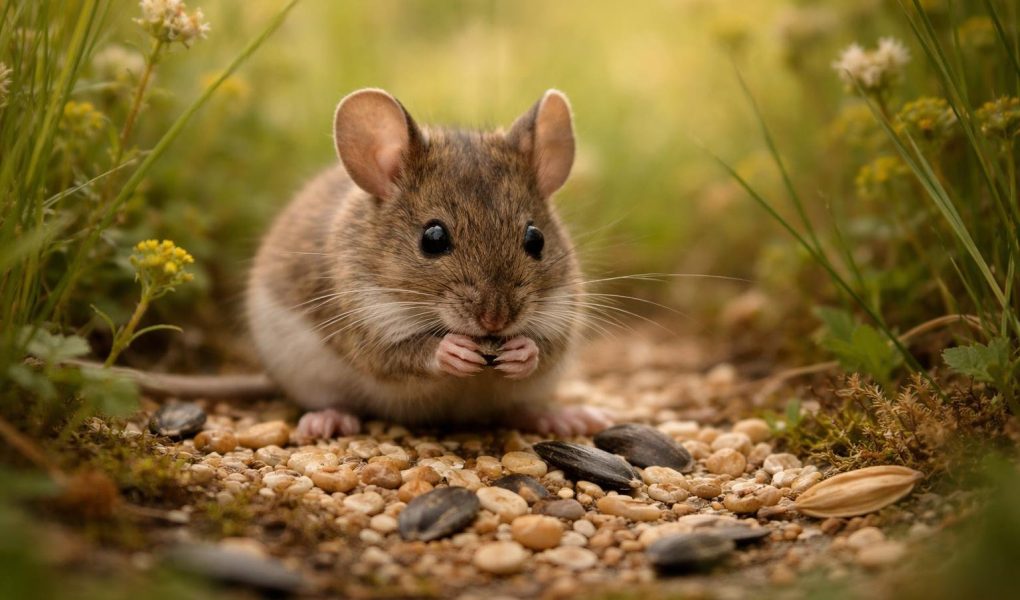 souris-grignote-graine-champ-herbes