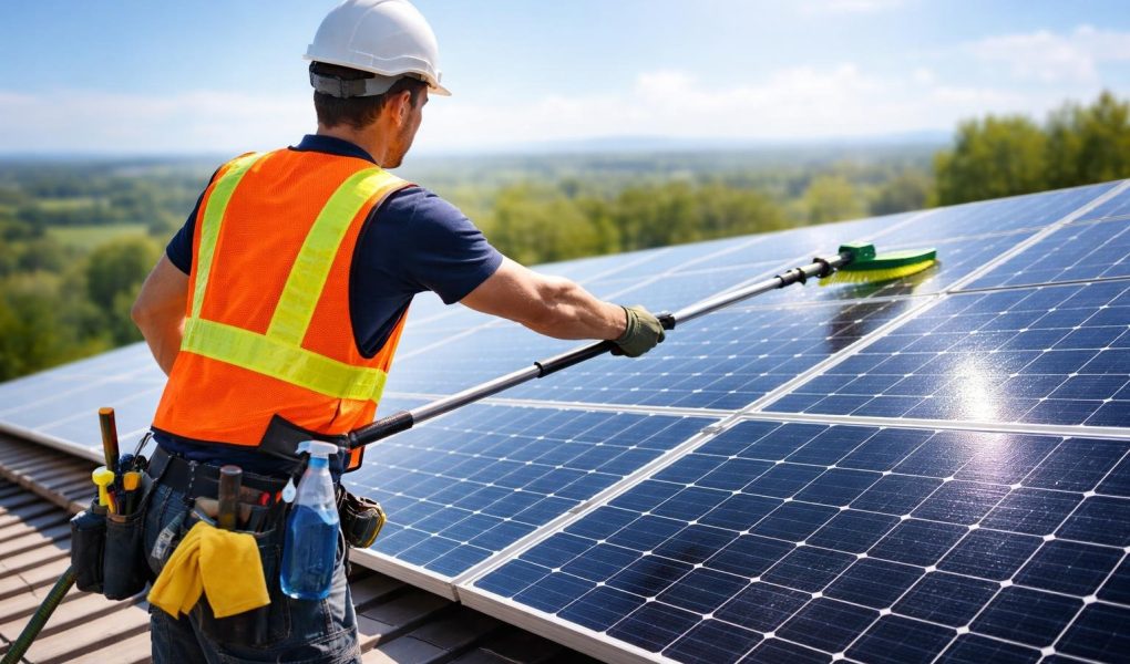 technicien-toit-panneaux-solaires-ciel-clair