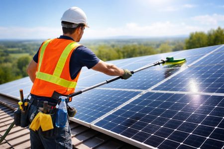 technicien-toit-panneaux-solaires-ciel-clair