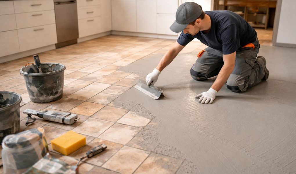 ouvrier-carreaux-sol-cuisine-moderne