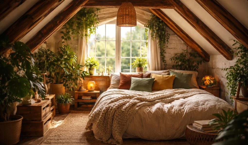 grenier-chambre-cosy-poutres-plantes